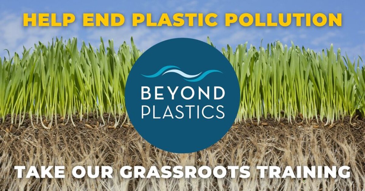 Beyond plastics organization logo and Help End Plastic Pollution message against photo of grass growing