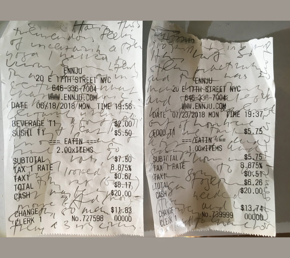 two fast food receipts covered in handwriting