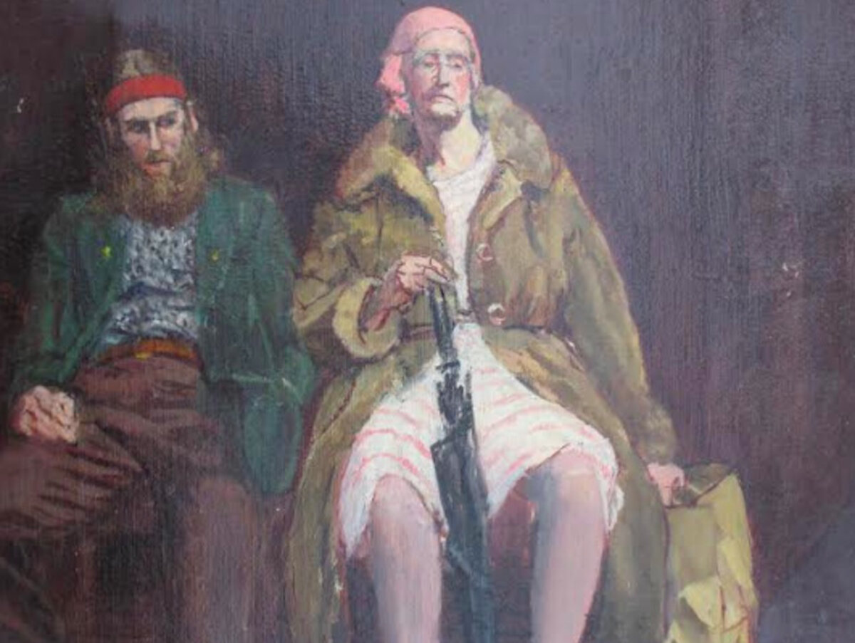painting of two people seated at a bus stop