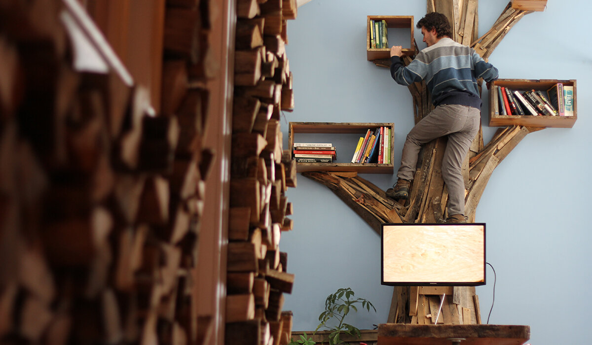 a man climbing a high bookshelf shaped like a tree