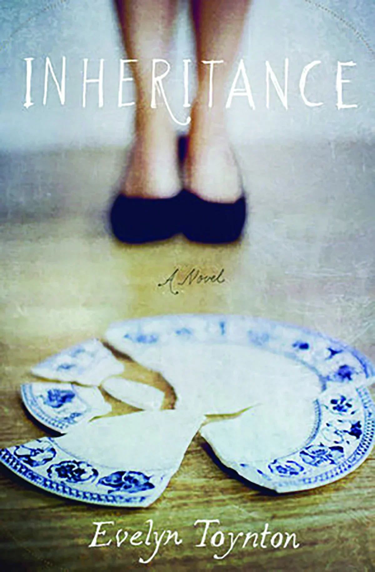 book cover with a broken plate and blurry feet with shoes in background