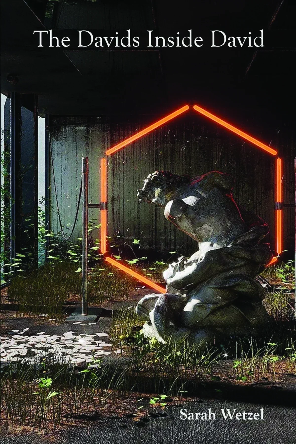 dark book cover of a statue climbing through an illuminated hexagon in an abandoned lot 