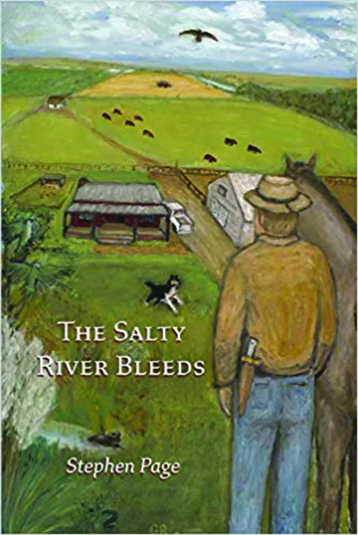 book cover with watercolor farm landscape and painted man facing away in foreground