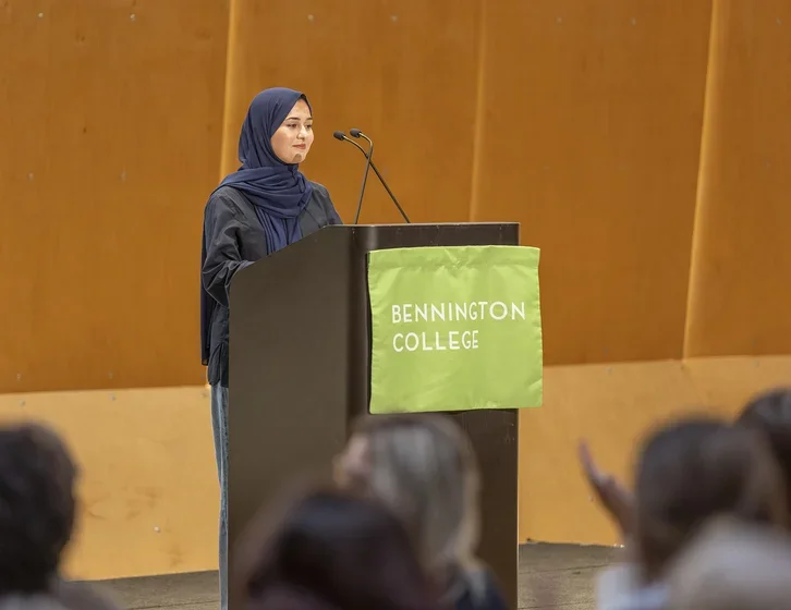 Maryam Saeedi ’28, the president of the Student Education Policies Committee, was the student speaker. 