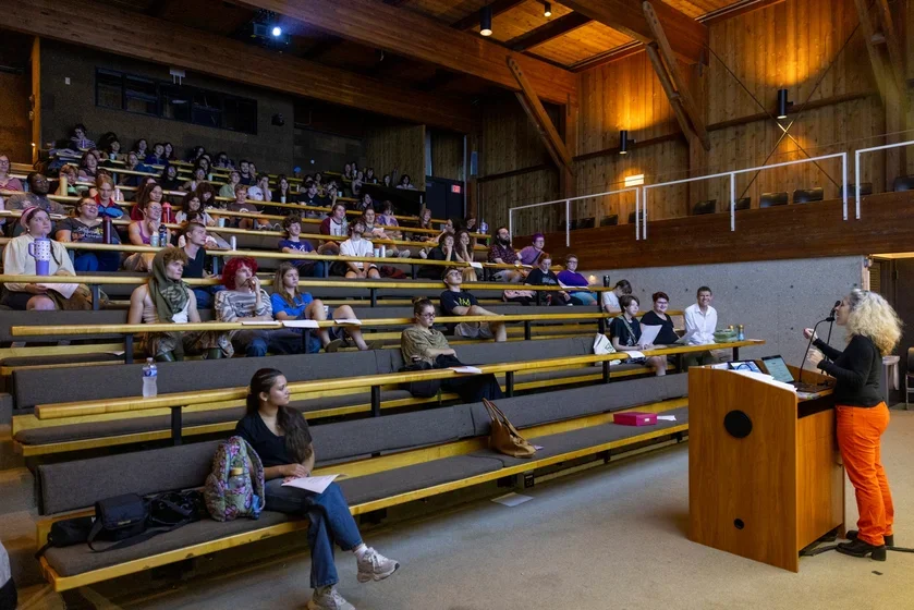 Students join faculty member in Film Noelle Rouxel-Cubberly in Tishman for an all-night film class. 