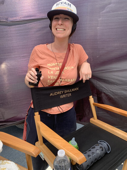 Photo of Audrey Shulman '09 on set of Love, Fall & Order