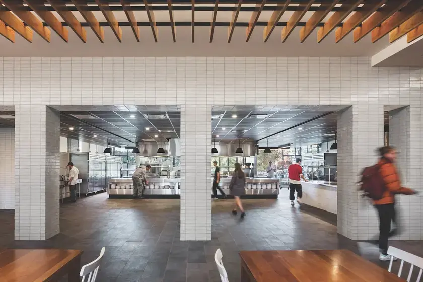 dining hall interior and serving area exposed wood ceilings