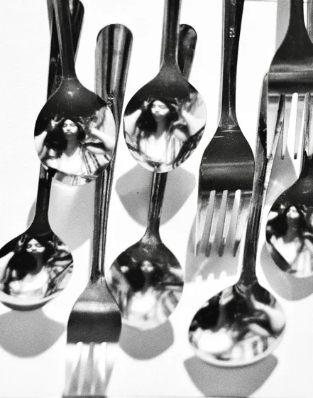 Forks and spoons arranged artfully. Detail from Margarita Titarenko ’27's The Mirror Lies Too Honestly
