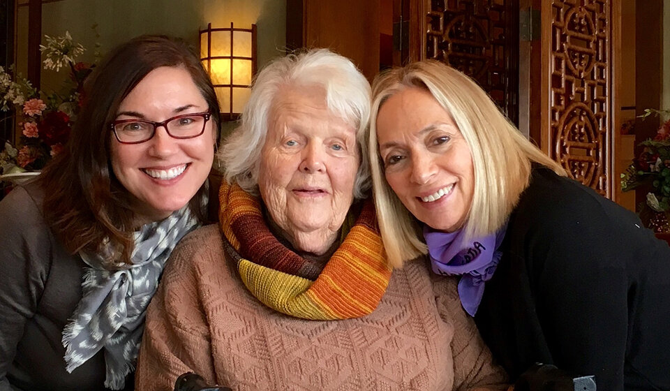 Penny Wilson at a restaurant with two Bennington staff - Paige Bartel and Joan Goodrich