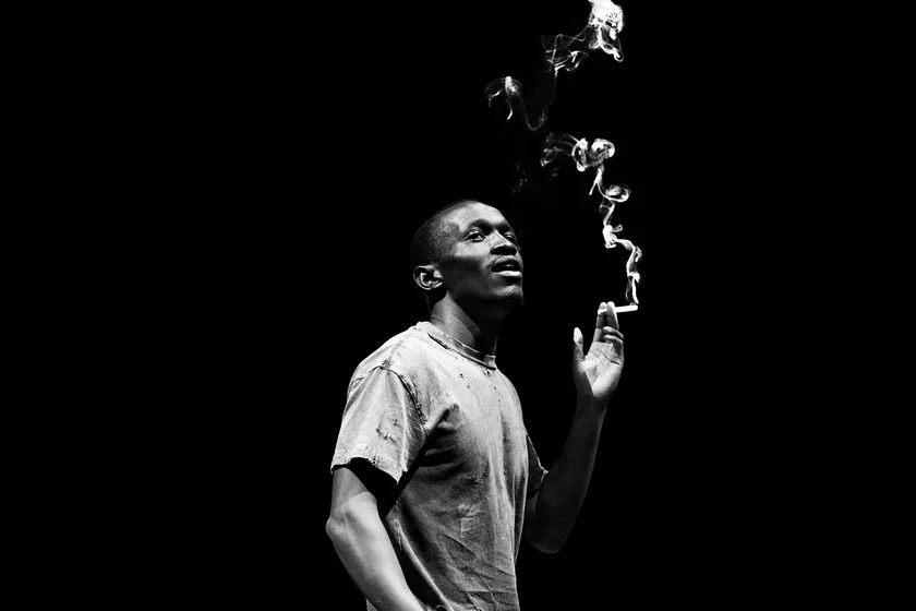 Mike Omamo '24 performing in Sweat, directed by Shawtane Bowen at Bennington, April 2024